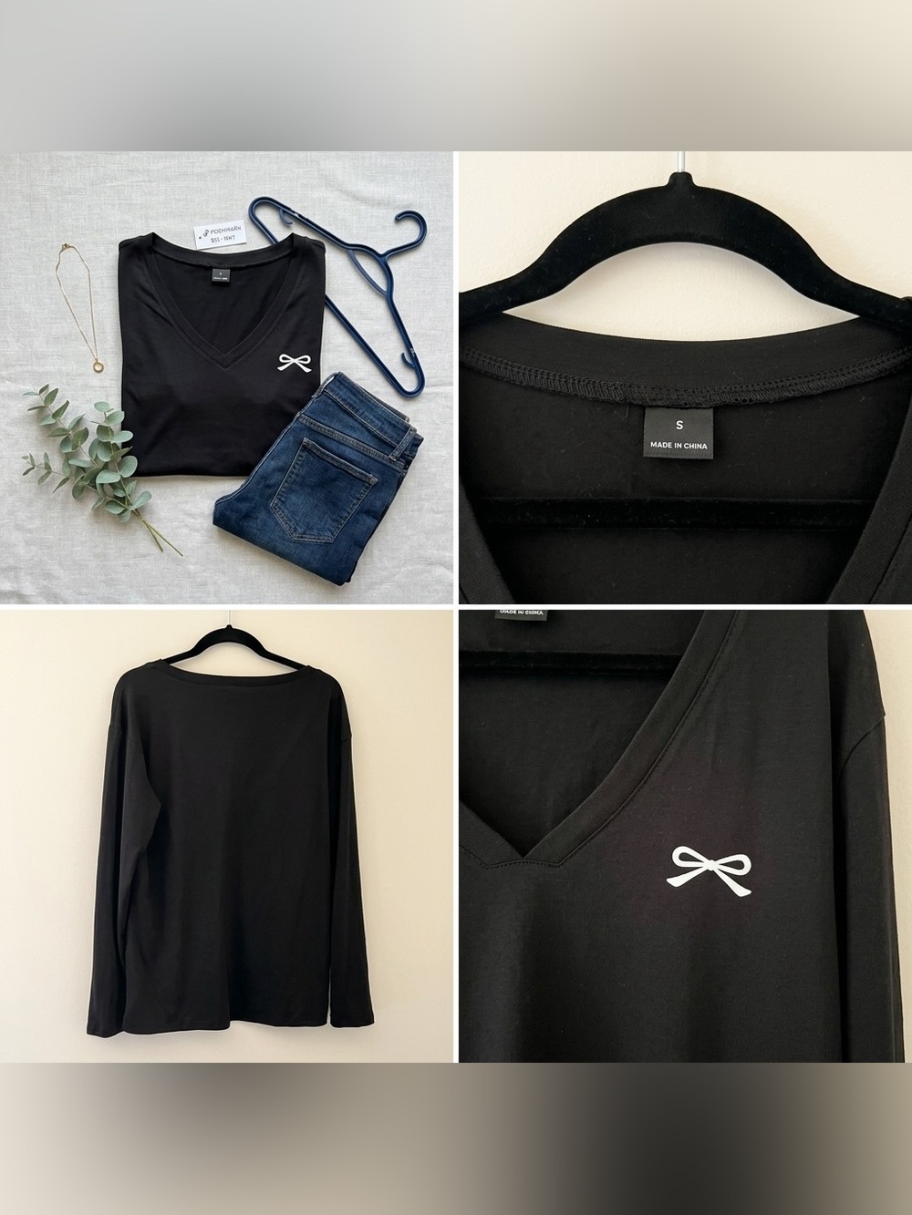 Women’s Black V-Neck Long Sleeve Top White Bow Detail Size Small